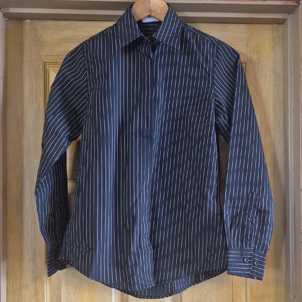 Chef Works Long Sleeve Button Up Black With White Pinstripe Shirt Size XS Womens